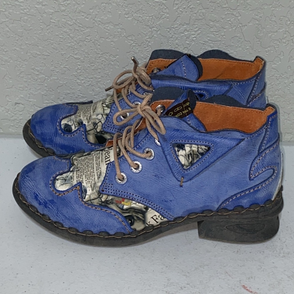 TMA EYES Distressed Blue Leather Newspaper Cutout Shoes Ankle Boots Booties 9.5 - Picture 4 of 8